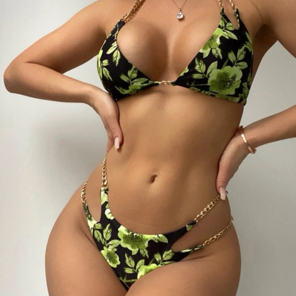 Floral Bikini 💚Chain Detail Designer Look
